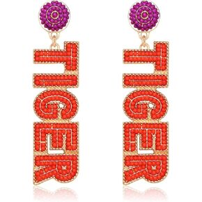 TIGER Earring Football Game Day Seed Bead Dangle Earrings for Women Girls Handmade Statement Sports Team Spirits Clemson LSU Tigers Cheer Beaded Earrings Auburn Fans Gameday Outfit For Birthday Gift