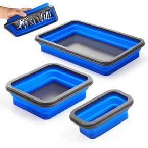 Collapsible Magnetic Parts Tray Set, Foldable Magnetic Tray, 3 Pieces Square Silicone Bowls with Magnetic Base Stores and Organizes Small Parts and Tools