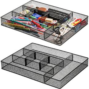 2 Pack Mesh Metal Desk Drawer Organizer, 16.1"x12.2"x2" 6 Compartment Desk Organizer Tray with 2 Adjustable Dividers for Home, Office, School Supplies