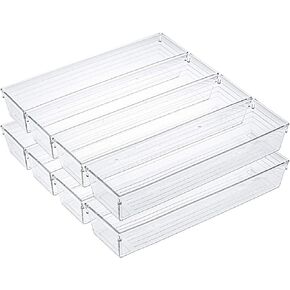 Kingrol 10 Pack 12 x 3 x 2 Inch Clear Drawer Organizer Trays, Desk Drawer Divider Storage Bins, Storage Box Set for Kitchen Bathroom Office Supplies
