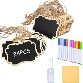 24 Pcs Reusable Mini Wood Chalkboards with Hanging String Erasable, Double-Sided Blackboard for Message Board Signs, Weddings Place Cards, Birthday Parties, Table Numbers, Plants