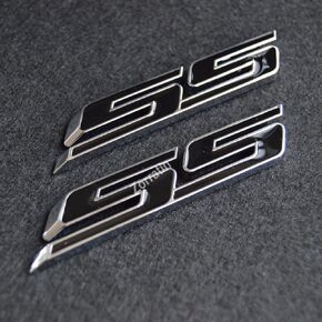 (Set of 2) Slant SS Grill Side Fender Trunk Emblem Badge Decal with Sticker for Chevy IMPALA COBALT Camaro 2010 2011 2012 2013 2014 2015 2016 2017 [black letter with chrome trim]
