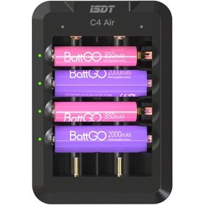 ISDT C4 Air 6-Bay 18650 شاحن بطارية ذكي AA AAA شاحن بطارية مع مخرج Type-C QC3.0 4A 40W لشاحن بطارية AA Lilon 18650 قابل لإعادة الشحن، مادة الوقاية من الحرائق