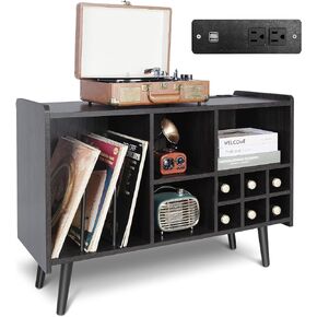 INFANZIA Vinyl Record Player Stand, Large Wooden Turntable Stand Holds Up to 200 Albums, Mid-Century Record Storage with Power Outlets, Record Organizer Cabinet for Living Room, Bedroom, Office in Kuwait