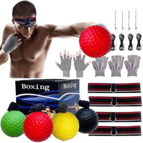 Boxing Reflex Ball Headband Set for MMA Boxing Kickboxing Training Reaction Punching Balls Kit Includes 4 PU Balls+4 Elastic Headbands+4 Spare Lines+4 Gloves for All People