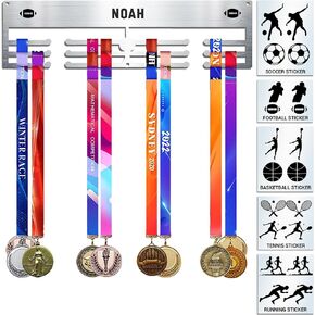 Esora Medal Hanger Holder Display: Stainless Steel Medal Hanger. Personalize with Alphabet and Sport Stickers