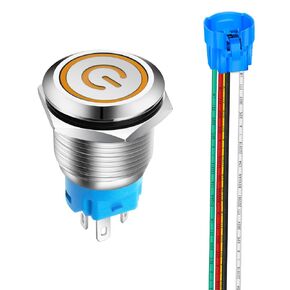 19mm 12V-24V/5A Stainless Steel Latching Push Button Switch Power Symbol LED 1NO1NC SPDT ON Off Waterproof Toggle Switch with Wire Socket Plug (Blue LED/Black Shell)