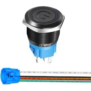 19mm 12V-24V/5A Stainless Steel Latching Push Button Switch Power Symbol LED 1NO1NC SPDT ON Off Waterproof Toggle Switch with Wire Socket Plug (Blue LED/Black Shell)