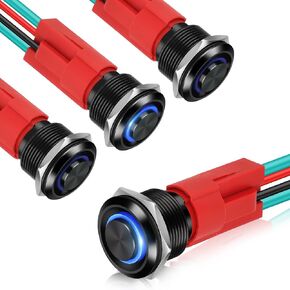 Linkstyle Latching Push Button Switch 4PCS, 19mm Micro DC ON-Off Switch 12V, with Ring LED Blue, Waterproof Small Round Metal Black Switch and Pre Wire Socket Plug, Self-Locking, for Marine Car Truck in Saudi Arabia