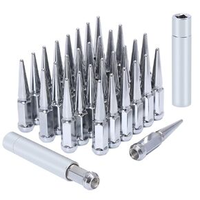 M14x1.5 Lug Nuts 14x1.5 Spike Lug Nuts M14 x 1.5 Spiked Lug Nut Chrome Set of 32 with 2 Socket Keys 19mm Hex 4.4" Tall 14mmx1.5 Bullet Lug Nuts Wheel Nuts