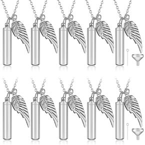 10 Pieces Angel Wing Memorial Keepsake Cylinder Cremation Ashes Necklace Urn Necklaces Holder for Cremation Keepsakes for Men Stainless Jewelry with Filling Kit (0.43 x 1.89 Inch, Silver)