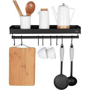 أرفف عائمة، أرفف حائط للمطبخ، أرفف تخزين كبيرة السعة من الألومنيوم الأسود مع 8 خطافات، مناسبة للتخزين في المطبخ والحمام والشرفة (20 بوصة) in Kuwait