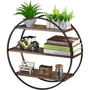 Floating Shelves, 3 Tier Decorative Geometric Circle Metal and Wood Wall Shelves, Bathroom Shelf Round Wall Decor, Rustic Brown