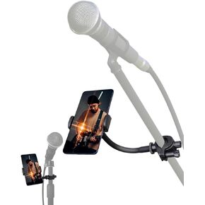 LMS Mic Stand Phone Holder, Flexible Phone Holder for Microphone Stand, iPhone Music Stand Holder Mount, Mic Stand Cell Phone Clip for iPhone 15 14 13 12 Pro Max Samsung Galaxy Pixel (Long, 16")