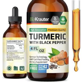 Turmeric Supplement Tincture - Organic Turmeric Curcumin 1200mg with Black Pepper Extract for Joint Health - Alcohol and Sugar Free - Vegan Drops 4 Fl.Oz.