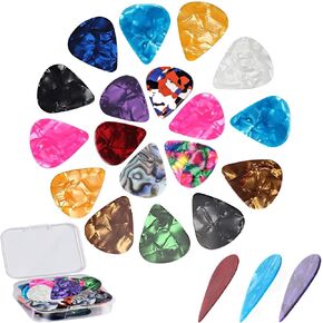 21 Pack Guitar Picks with Organizer Storage Box, 3 Different Thickness Colorful Celluloid Guitar Picks Plectrums for Acoustic Guitar, Electric Guitar, Bass, Ukulele
