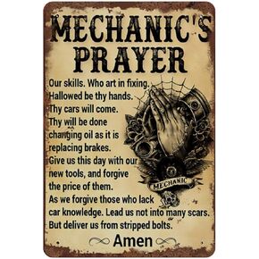 Mechanic's Prayer Our Skills Who Art in Fixing Gift for Mechanic Vintage Metal Sign Plaque Metal Funny Tin Sign Entryway Decor Gallery Wall Signs 8x5.5 Inch
