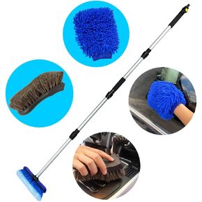 3 Piece Cleaning Set 38-70 inch car wash Brush with 10 inch Soft Bristle Head, Horse Hair Cleaning Brush, car Cleaning Gloves, Water Flow ON/Off, for Cars, Boats, Trucks, RVs.