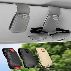 Sunglass Holder for Car, 2 Pack Car Sunglass Holder Visor Clip Magnetic Leather Sun Glasses Eyeglass Hanger, Beige, Fit for Different Size Eyeglasses