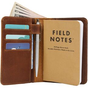 Leather field notes wallet cover for memo – pocket sized notebook, fits 3.5" x 5.5" notebooks, separate pocket for cash, real top grain leather, multiple pockets for extra functionality and pen loop
