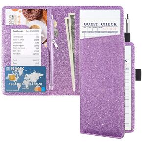 ACdream Server Books for Waitress with Zipper Pocket, Guest Book Note Pad, Cute Pocket Leather Money Organizer Wallet, Cash Check Bill Receipt Holder Presenter, Waiter Accessories, Glitter Pink