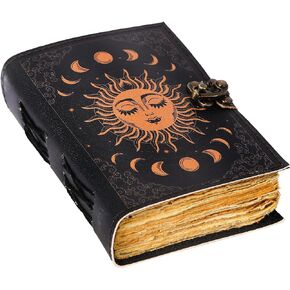 Sun & Moon Vintage Leather Journal for Men & Women 200 Pages of Antique Handmade Deckle Edge Vintage Paper, Leather Sketchbook, Drawing Journal, Printed leather Journal, Great Gift (7x5)