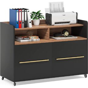 2 Drawer File Cabinet Rolling Filing Cabinets with Wheels, Lateral File Cabinet for Letter Size, Printer Stand and Open Storage Shelves for Home Office, Black in Kuwait