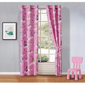 Kids Zone Home Linen 2 Panel Curtain Set with Grommet for Boys Girls Teens Bedroom Multicolor Set (Unicorn Rainbow Castle Clouds Pink Purple White)