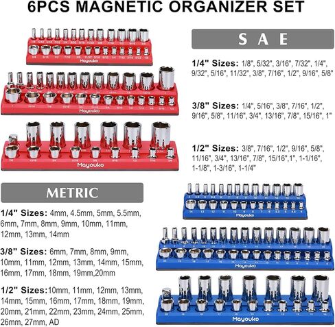 Mayouko 3 قطع منظم مقبس مغناطيسي SAE، 1/4 بوصة، 3/8 بوصة، 1/2 بوصة، طقم حامل مقبس مغناطيسي، SAE أحمر، يحمل 68 مقبسًا in Kuwait