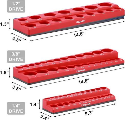 Mayouko 3 قطع منظم مقبس مغناطيسي SAE، 1/4 بوصة، 3/8 بوصة، 1/2 بوصة، طقم حامل مقبس مغناطيسي، SAE أحمر، يحمل 68 مقبسًا in Kuwait