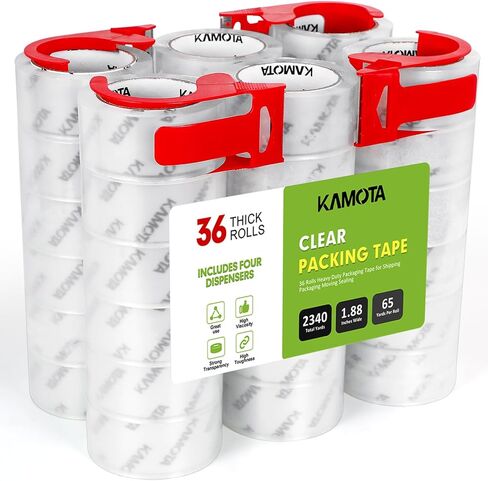شريط تغليف كاموتا، 36 لفة شريط تغليف شفاف شديد التحمل للشحن والتعبئة والتغليف المتحرك، بعرض 1.88 بوصة، 65 ياردة لكل لفة، إجمالي 2340 ياردة مع 4 موزعات in Kuwait