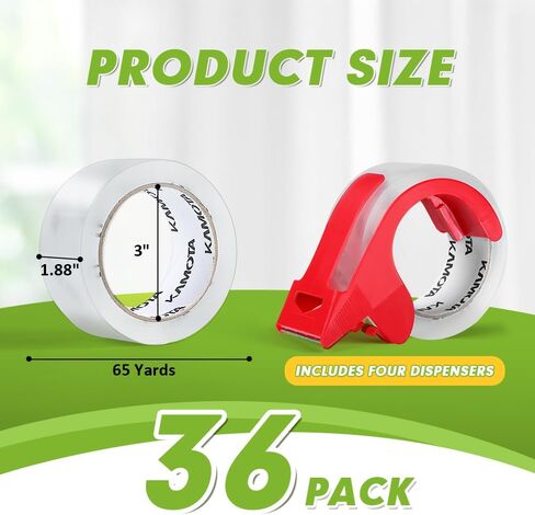 شريط تغليف كاموتا، 36 لفة شريط تغليف شفاف شديد التحمل للشحن والتعبئة والتغليف المتحرك، بعرض 1.88 بوصة، 65 ياردة لكل لفة، إجمالي 2340 ياردة مع 4 موزعات in Kuwait