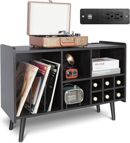 INFANZIA Vinyl Record Player Stand, Large Wooden Turntable Stand Holds Up to 200 Albums, Mid-Century Record Storage with Power Outlets, Record Organizer Cabinet for Living Room, Bedroom, Office in Kuwait