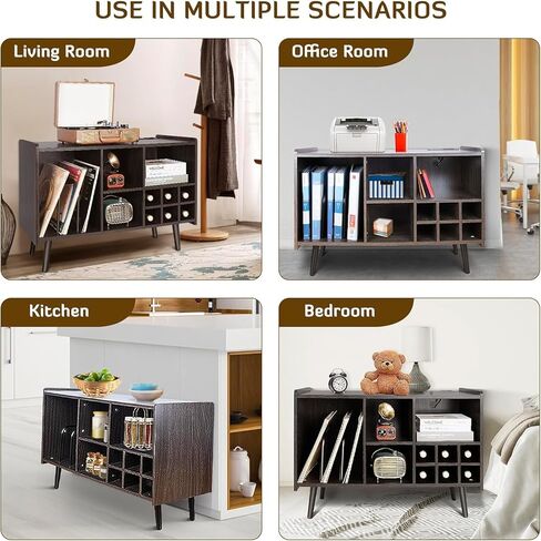 INFANZIA Vinyl Record Player Stand, Large Wooden Turntable Stand Holds Up to 200 Albums, Mid-Century Record Storage with Power Outlets, Record Organizer Cabinet for Living Room, Bedroom, Office in Kuwait