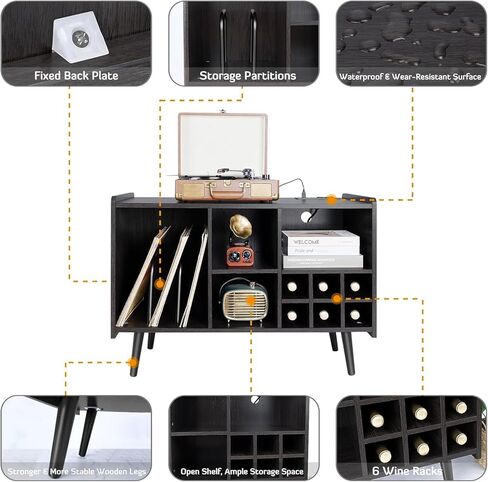 INFANZIA Vinyl Record Player Stand, Large Wooden Turntable Stand Holds Up to 200 Albums, Mid-Century Record Storage with Power Outlets, Record Organizer Cabinet for Living Room, Bedroom, Office in Kuwait