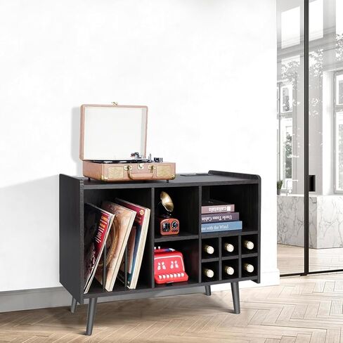 INFANZIA Vinyl Record Player Stand, Large Wooden Turntable Stand Holds Up to 200 Albums, Mid-Century Record Storage with Power Outlets, Record Organizer Cabinet for Living Room, Bedroom, Office in Kuwait