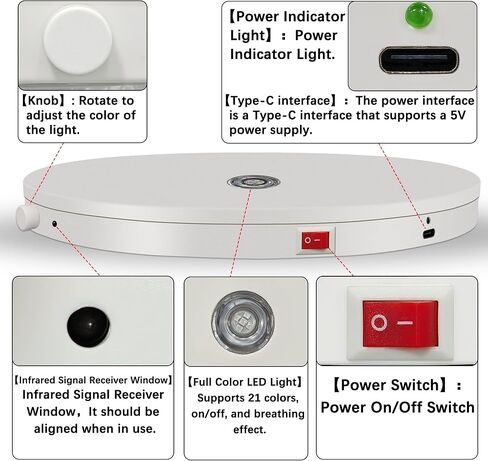 حامل عرض دوار للأضواء الملونة 21 حامل عرض دوار بمحرك قابل للتعديل مع وضع ضوء التنفس لفن البلورات، كوب زجاجي، عرض المجوهرات (أبيض) in Kuwait