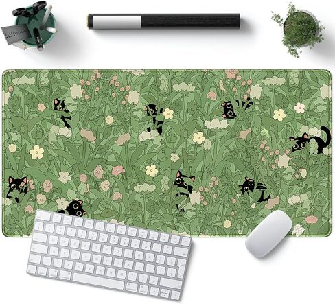 حصيرة مكتب خضراء مقاس XL قطة لطيفة ونباتات رائعة لوحة مكتب لوحة المفاتيح حصيرة Kawaii قطة سوداء زهرة لوحة الماوس حصيرة مكتب خضراء ديكور مكتب مع حواف مخيطة غير قابلة للانزلاق حصيرة كمبيوتر كبيرة 31.5 × 15.7 بوصة in Saudi Arabia