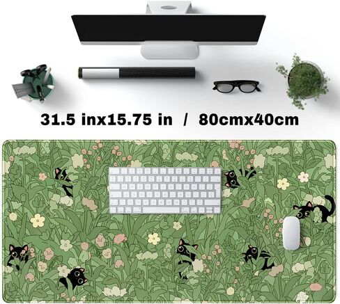 حصيرة مكتب خضراء مقاس XL قطة لطيفة ونباتات رائعة لوحة مكتب لوحة المفاتيح حصيرة Kawaii قطة سوداء زهرة لوحة الماوس حصيرة مكتب خضراء ديكور مكتب مع حواف مخيطة غير قابلة للانزلاق حصيرة كمبيوتر كبيرة 31.5 × 15.7 بوصة in Saudi Arabia