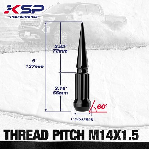 KSP 14mm x 1.5 Large Spiked Lug Nuts, 32x Two-Piece Mega Pointy Spike Lug Nut for Silverado Sierra Ram 2500 3500 F250 F350, 5" Chrome Spline Bullet Nut for 8 Lug Off-Road Pickup&Truck with 1 Socket in Saudi Arabia