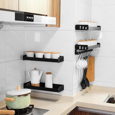 Floating Shelves, Kitchen Wall Shelves, Black Aluminum Large Capacity Storage Shelves with 8 Hooks, Suitable for Storage in Kitchen, Bathroom and Balcony (20 in) in Saudi Arabia