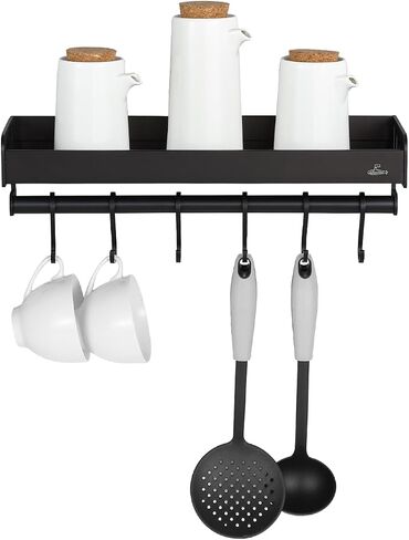 Floating Shelves, Kitchen Wall Shelves, Black Aluminum Large Capacity Storage Shelves with 8 Hooks, Suitable for Storage in Kitchen, Bathroom and Balcony (20 in) in Saudi Arabia