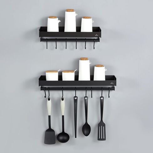 أرفف عائمة، أرفف حائط للمطبخ، أرفف تخزين كبيرة السعة من الألومنيوم الأسود مع 8 خطافات، مناسبة للتخزين في المطبخ والحمام والشرفة (20 بوصة) in Kuwait