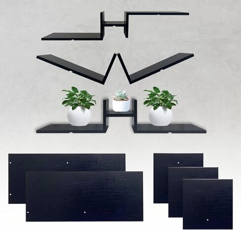 DIY Floating Shelves for Wall, Combinable Shaped Wooden Wall Floating Shelves, Rustic Wood Shelves for Wall Storage, for Bathroom Decoration, Bedroom, Living Room, Kitchen, Office (Black) in Saudi Arabia
