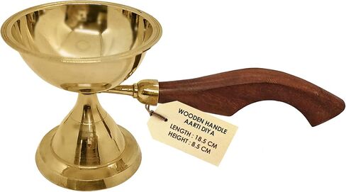 Brass Aarti Diya with Wooden Handle Decoration Tea Light Holder Brass Jyot Dia Oil Lamp Handheld Puja Lamp Kutthu Vilakku for Home and Temple Indian Housewarming Return Gift Item in Bulk in Saudi Arabia