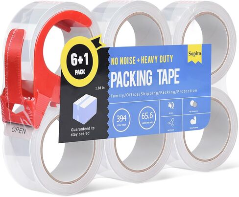 شريط شحن، شريط تعبئة للاستخدام العائلي بدون ضوضاء مع موزع 1.88 بوصة × 2362 بوصة (65.6 ياردة) عبوات شريط شفاف شديدة التحمل، 6 بكرات in Kuwait