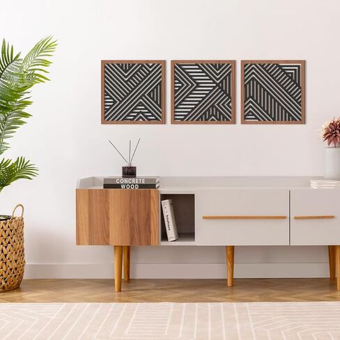 IARTTOP 3 قطع هندسية جدار الفن طبيعة الخشب الفني الحديث جدار ديكور بوهو الخط الغربي ديكور المنزل جدار ديكور لغرفة النوم، غرفة المعيشة، حجم المكتب-11.4 "× 11.4" in Kuwait