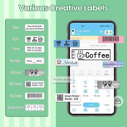 D30 Label Maker Machine With Tape, Bluetooth Mini Label Printer With Built-In Cutter, Portable Thermal Sticker Small Labeler For Barcode,Tags,Naming,Food,Files,Spice Jar,Bottles,Etc. (Black) in Saudi Arabia