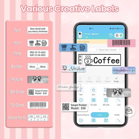 صانع الملصقات - آلة طابعة ملصقات صغيرة حرارية ذكية - طابعة ملصقات محمولة لاسلكية تعمل بالبلوتوث من COLORWING D30، متوافقة مع iOS وAndroid (قابلة لإعادة الشحن عبر USB) in Kuwait