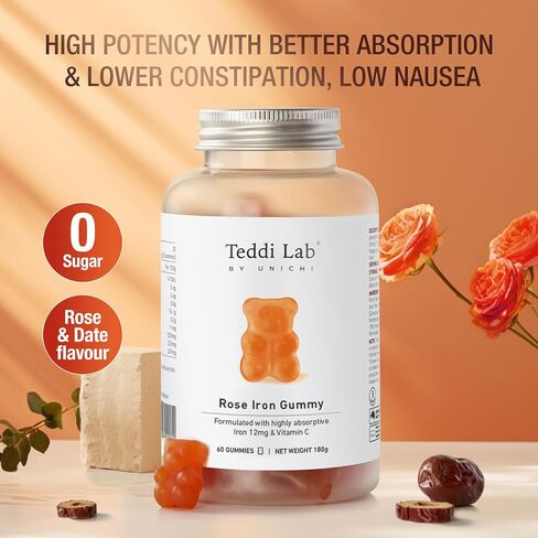Unichi Rose Iron Gummy, Formulated with Highly Absorptive Iron 12mg & Vitamin C to Maintain Healthy Blood and Prevent Dietary Iron Deficiency, Rose & Date Flavour, 60 Count in Saudi Arabia